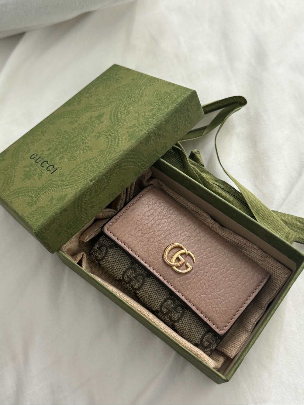 Gucci Pink Leather GG Canvas Key Holder with Gold Hardware